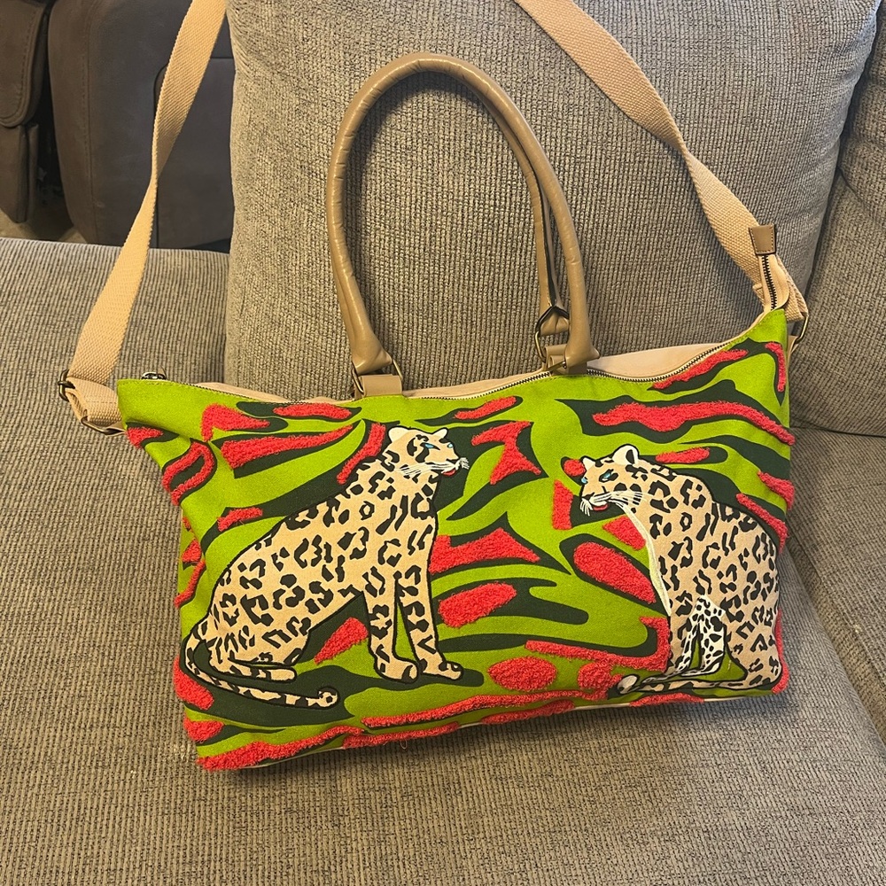 Leopard Print Green and Red Tote Bag Made in India